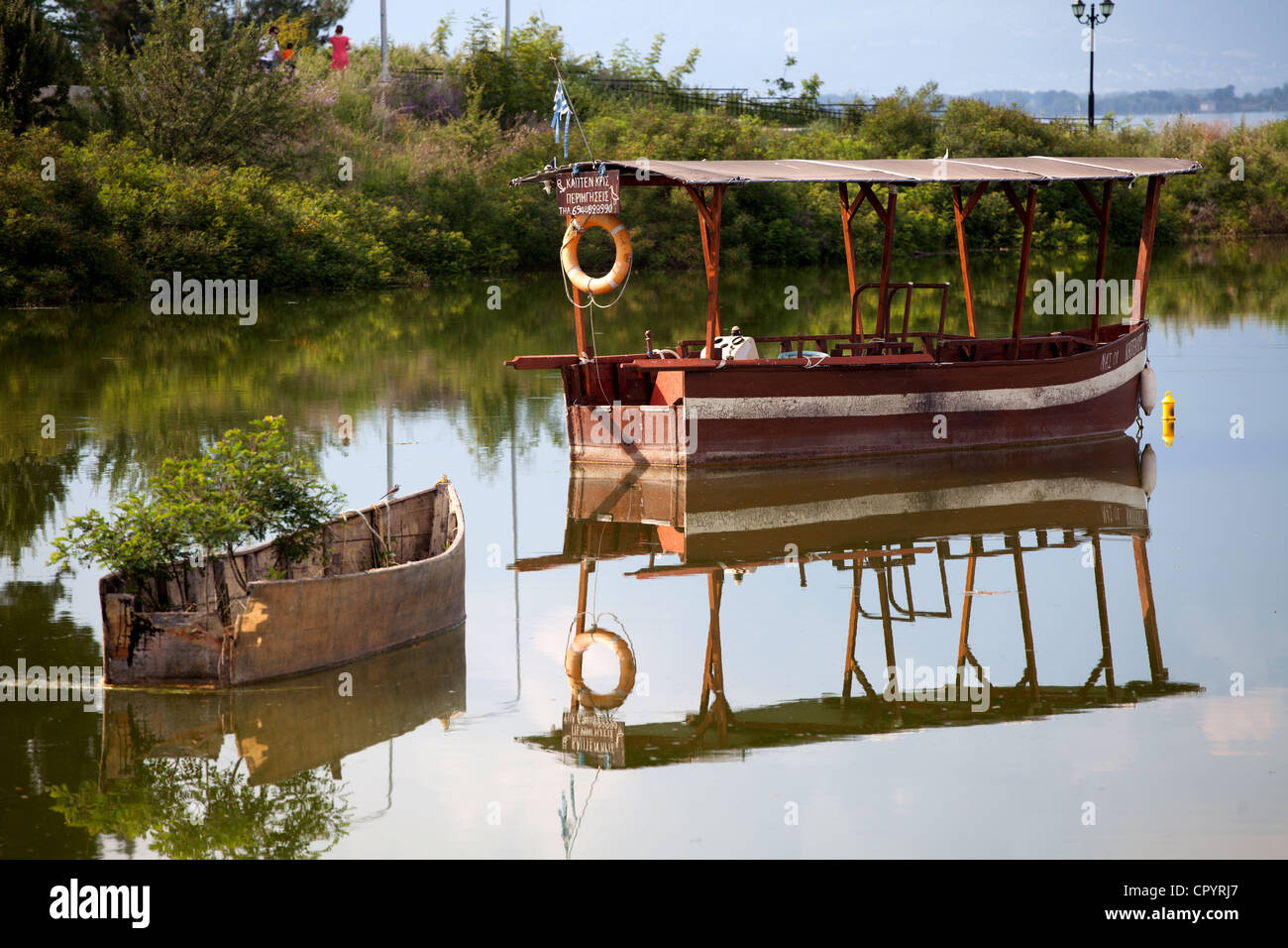 Boot, Kerkini, See, Spiegelung, alt, Farbe, Stockfoto