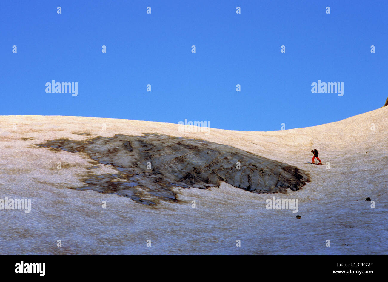 Schweiz, Kanton Uri, Urner Alpen, Skifahrer auf dem Gletscher führt zu Giglistock (2900m) Stockfoto