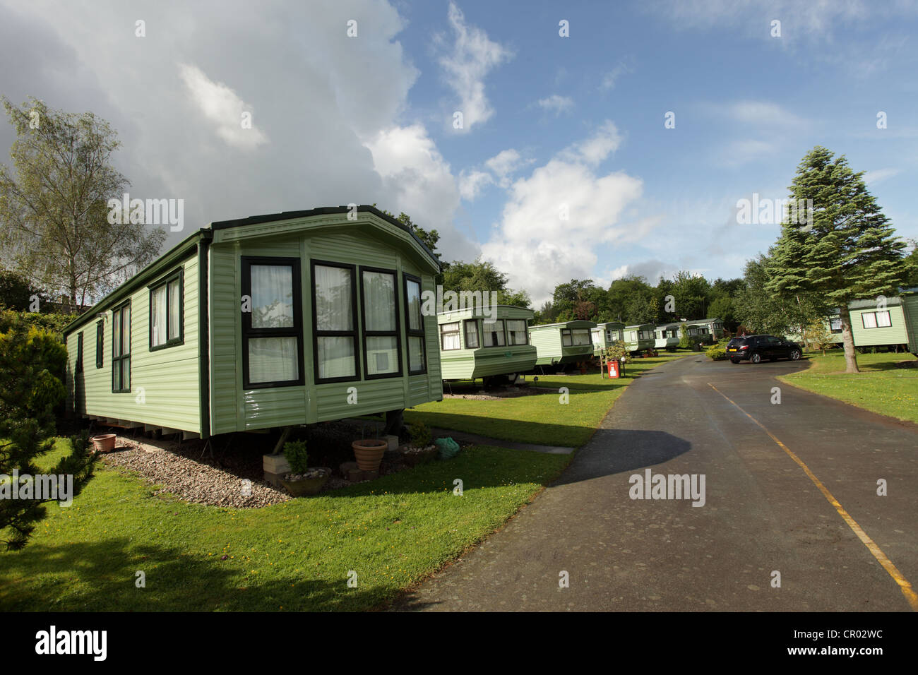 Statische Chalet oder Wohnwagen für Ferienhäuser in mid Wales. Stockfoto