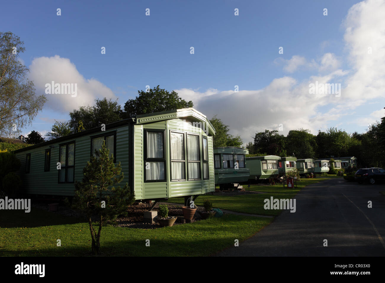 Statische Chalet oder Wohnwagen für Ferienhäuser in mid Wales. Stockfoto