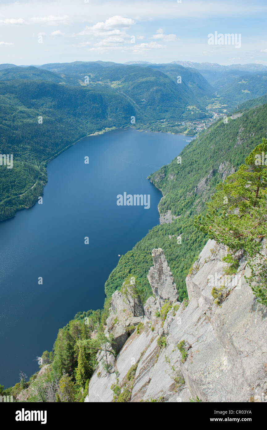 Luftbild auf fjordartige See Bandak, Lårdalstigen in der Nähe von Dalen, Lardalstigen, Telemark, Norwegen, Skandinavien, Nordeuropa Stockfoto