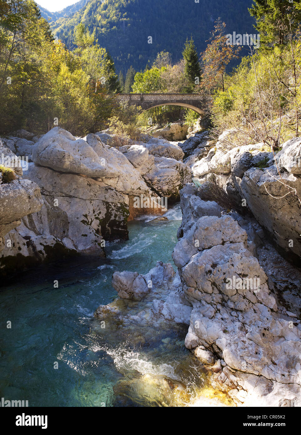 Brücke über eine schmale Felsenschlucht mit Blick auf die türkis Soca Fluss im Soca-Tal in der Nähe von Bovec, Triglav Nationalpark Stockfoto