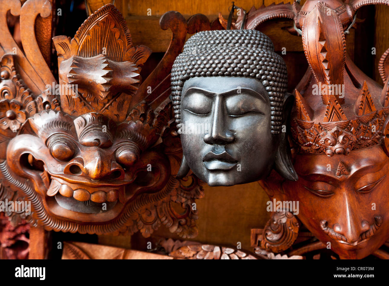 Buddhistischen und hinduistischen Masken, Ubud, zentralen Bali, Indonesien, Südostasien Stockfoto