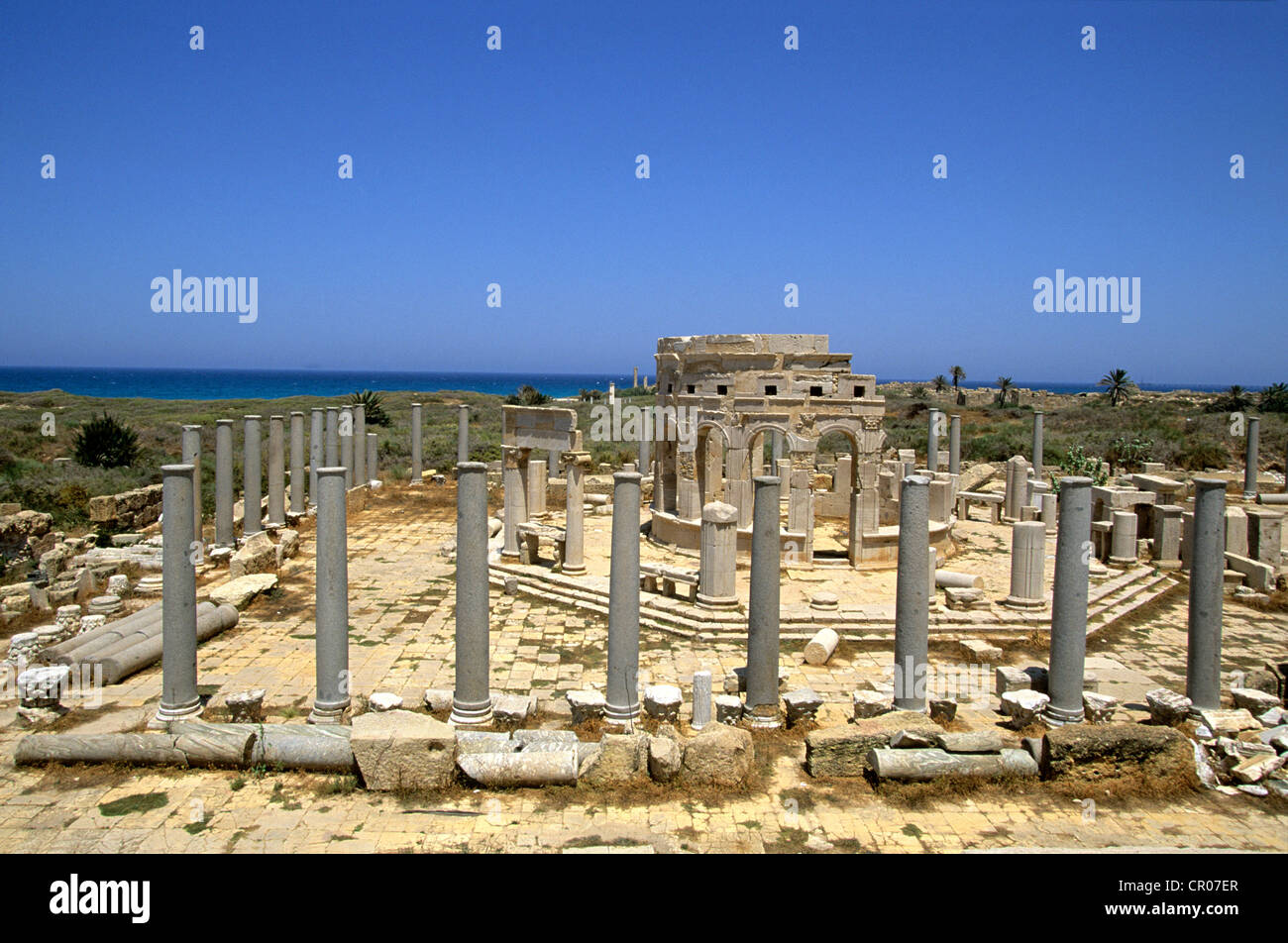 Libyen, Tripolitanien, Al Marqab, römische Stätte von Leptis Magna oder Lepcis Magna, aufgeführt als Weltkulturerbe der UNESCO, dem Markt Stockfoto