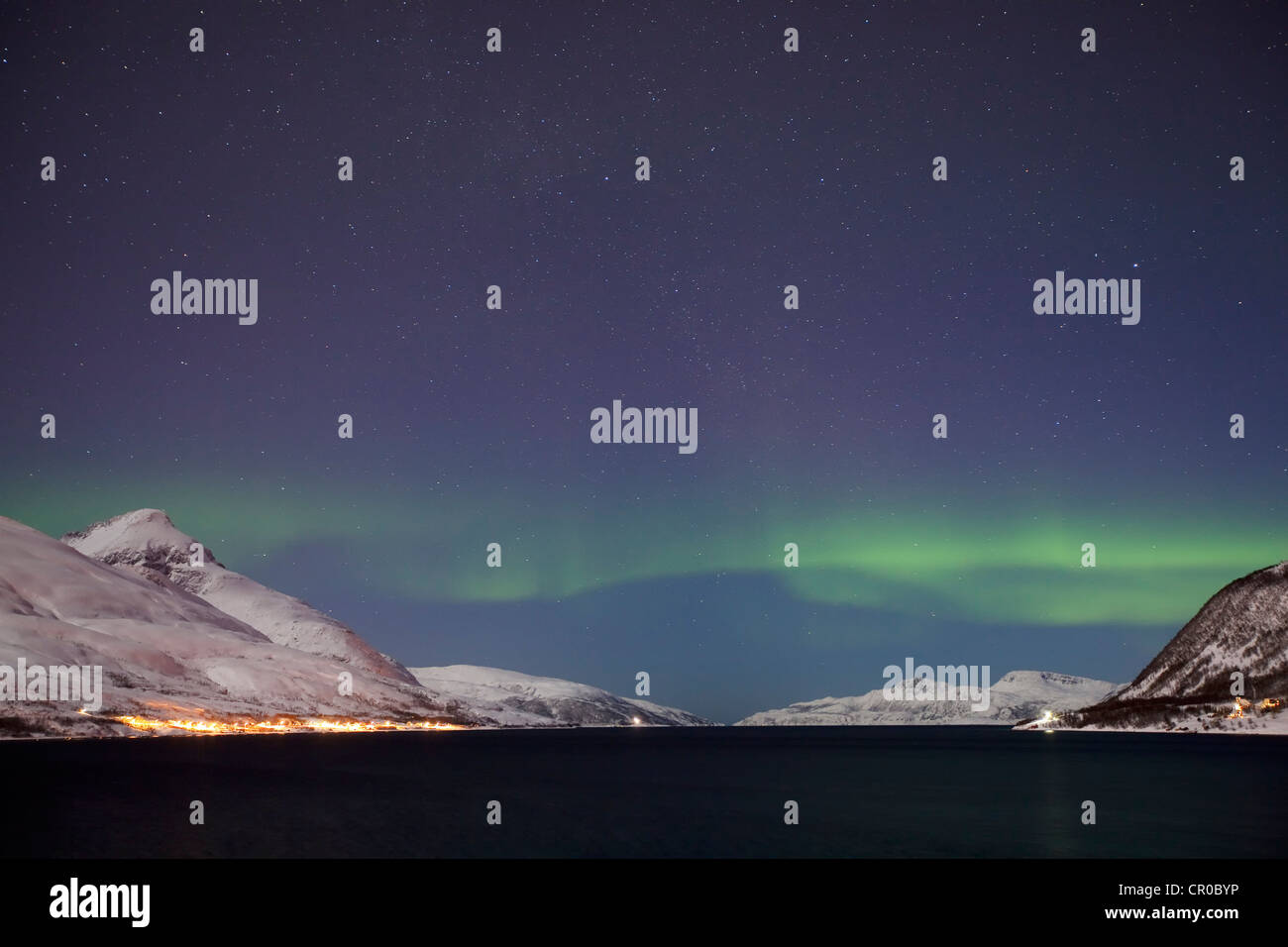 Nordlicht über dem Kaldfjord, Kvaløya, Tromsø, Tromsø, Norwegen, Europa Stockfoto