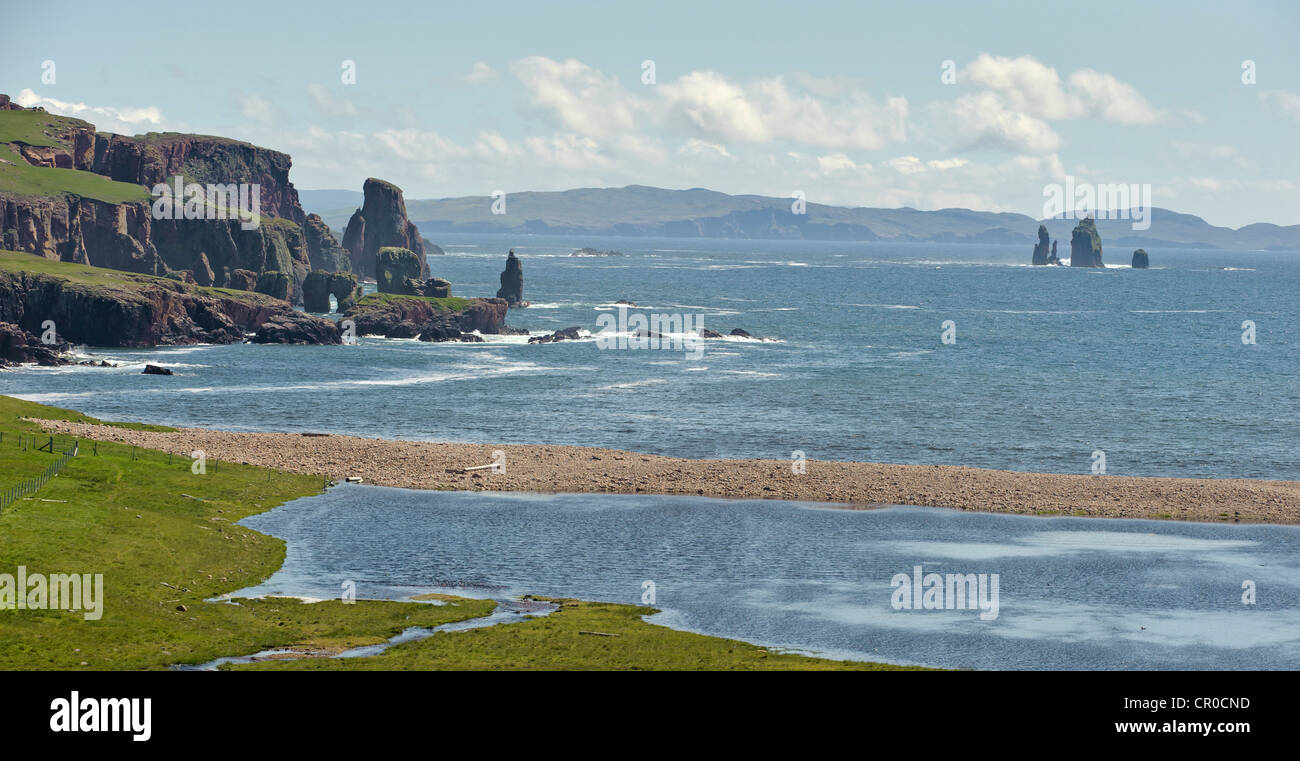 Klippen und Meer-stacks "The Drongs" der Eshaness Küste, von Braewick, Shetland Festland gesehen. Juni. Stockfoto