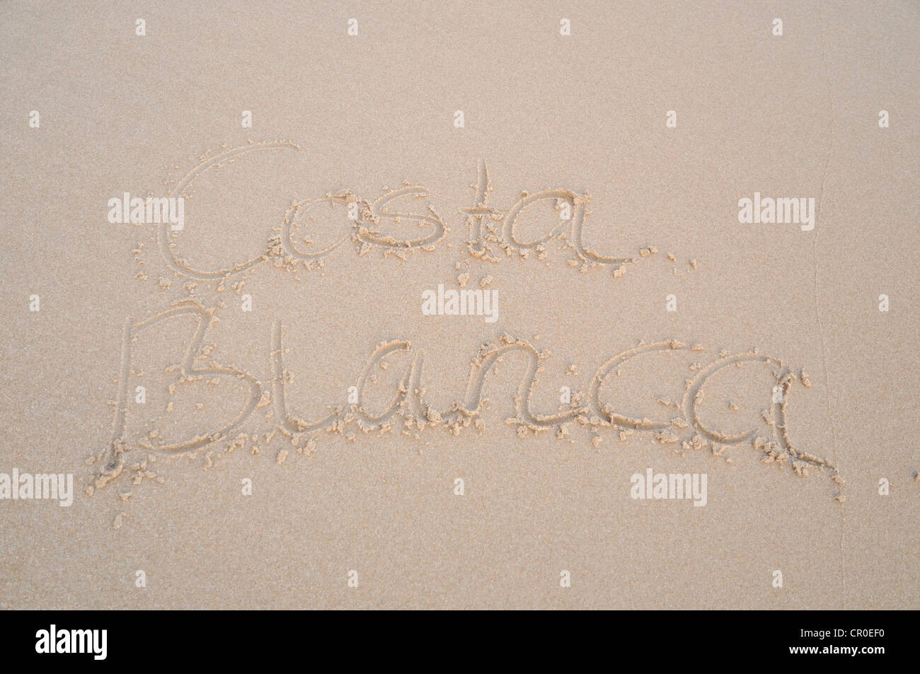 "Costa Blanca", schreiben in den Sand am Strand, Costa Blanca, Spanien, Europa Stockfoto