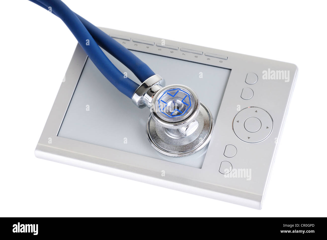 Lesung-Konzept mit e-Book und Stethoskop isoliert auf weißem Hintergrund. Konzentrieren Sie sich auf der Oberseite Stethoskop. Stockfoto