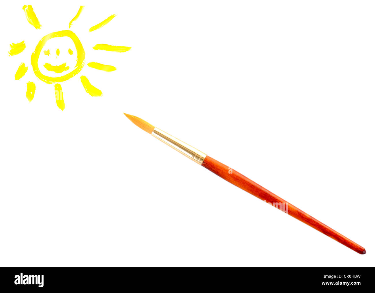 Lachende Sonne und kleinen Pinsel auf weißem Hintergrund Stockfoto