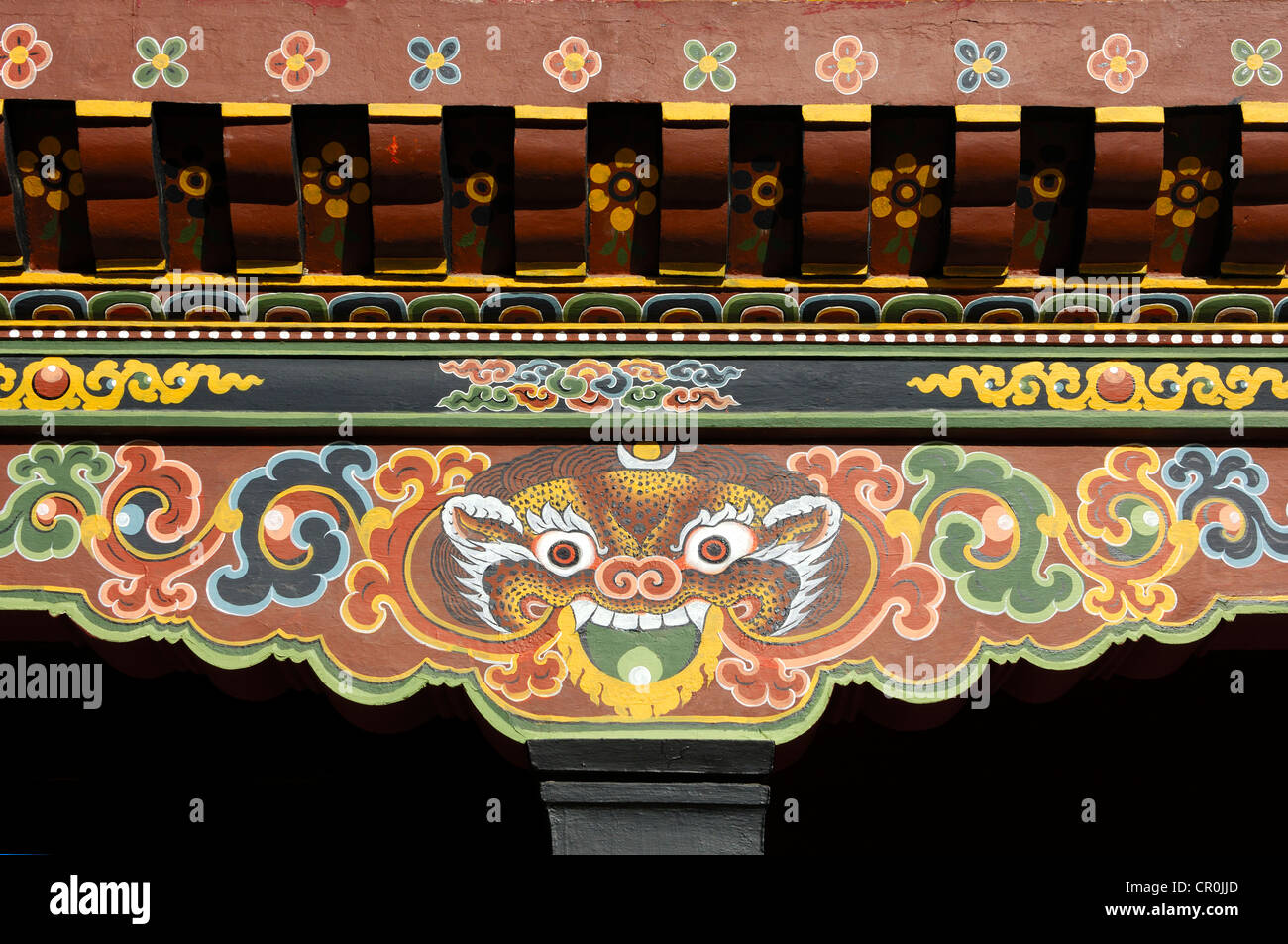 Symbolische Darstellung eines Tigers an den Balken eines Gebäudes, Thimphu, Bhutan in Südasien Stockfoto