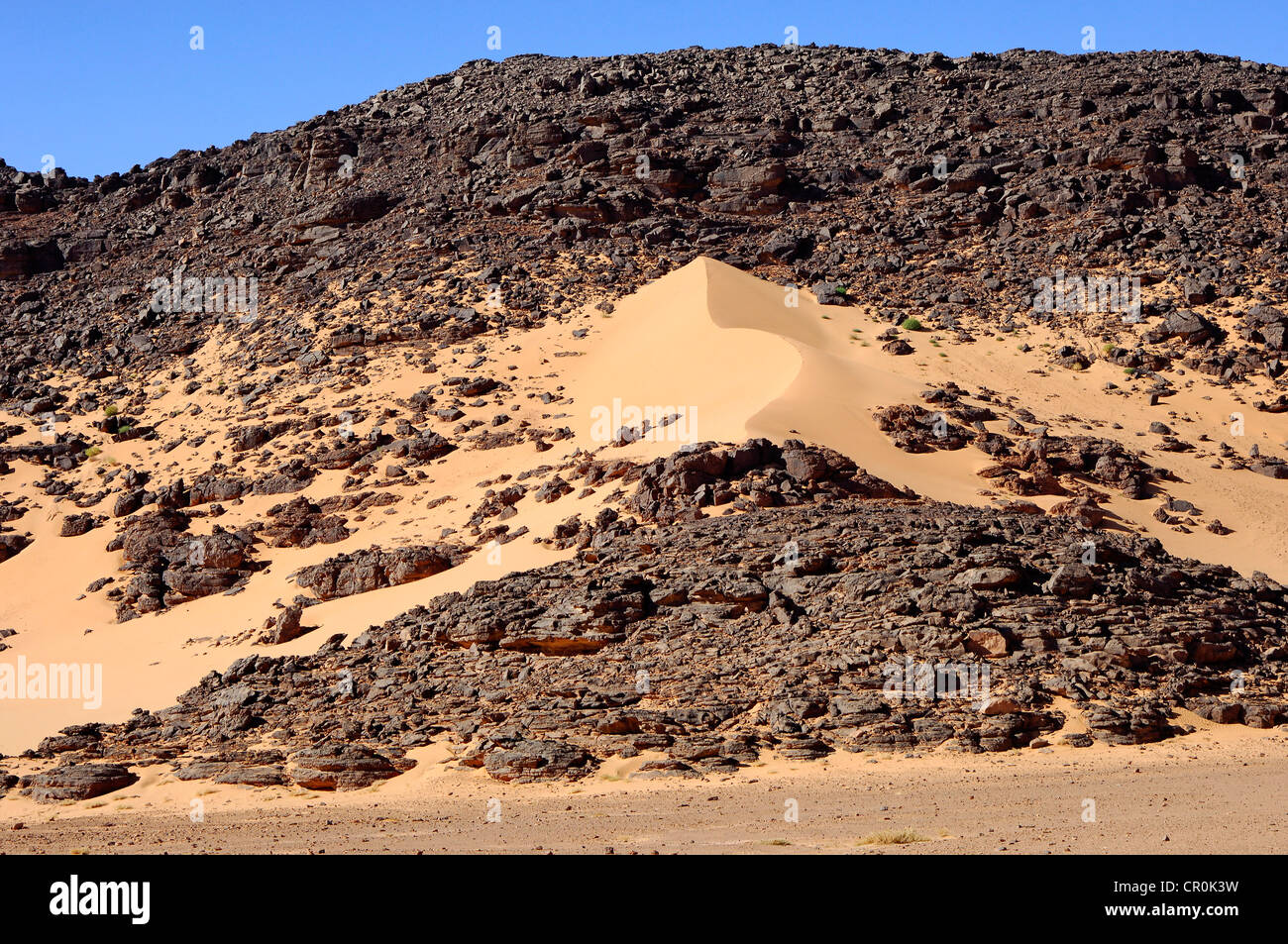Bildung einer Sanddüne in einem einsamen Felsen, Hamada, Sahara, Libyen, Nordafrika, Afrika Stockfoto