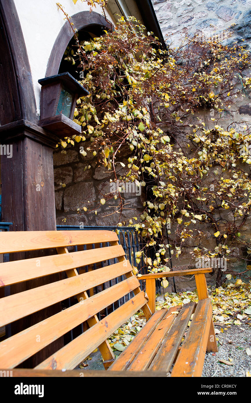 Holzbank in einem Hof, Herbst Stockfoto
