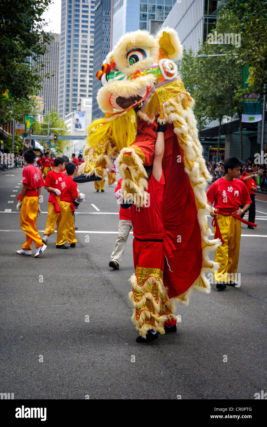 Chinesischer Löwentanz: Paare von Tänzer teilen eine Löwe Kostüm während dieser sehr energischen Tanz, Teil einer street Parade. Stockfoto