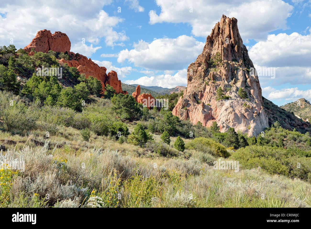 Grau-Rock oder Cathedral Rock, Garten der Götter, rote Sandsteinfelsen, Colorado Springs, Colorado, USA Stockfoto