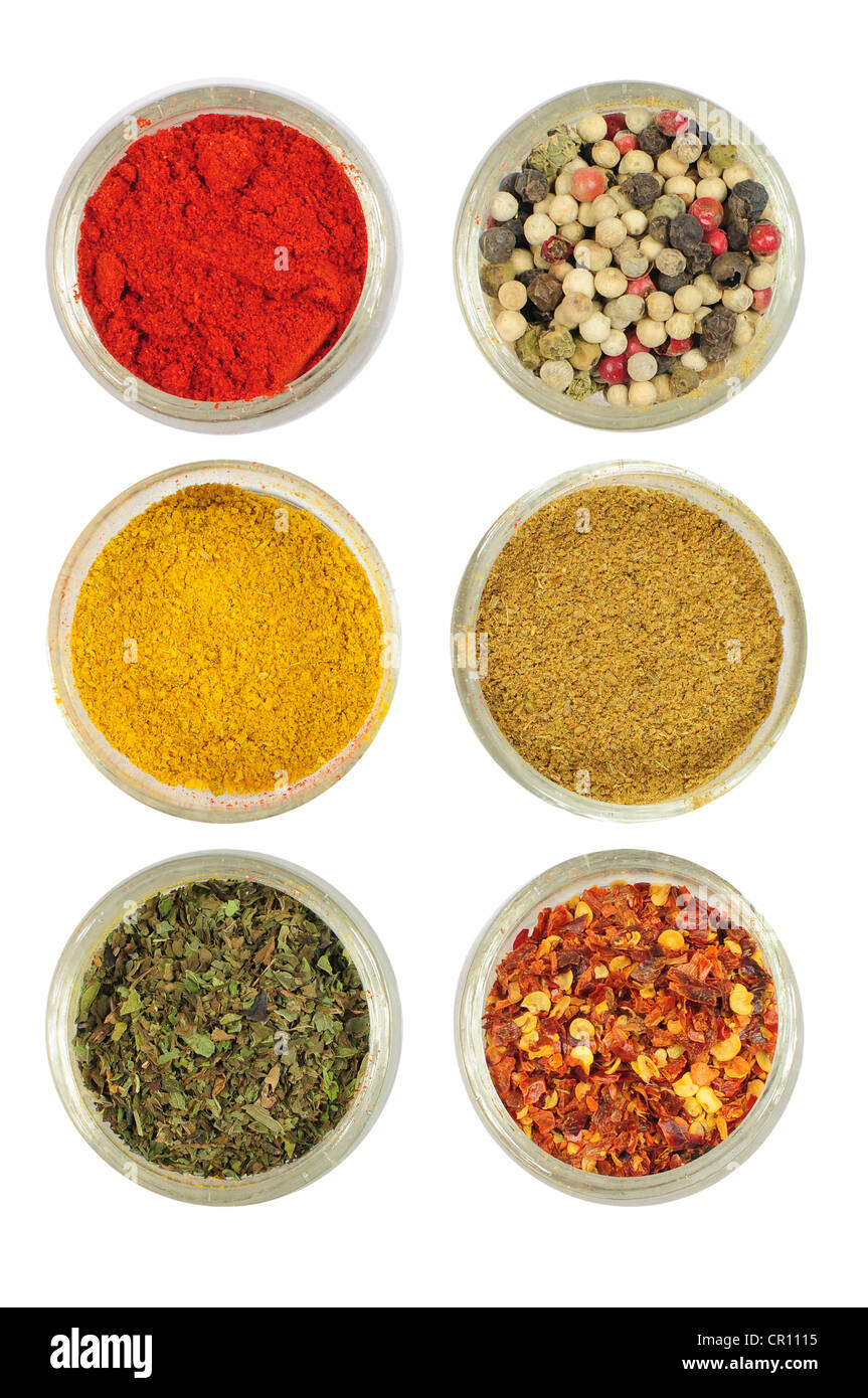 Verschiedene bunte Gewürze in Runde Schalen - Paprika, Pfeffer, curry, Kardamom, Oregano, Chili Stockfoto