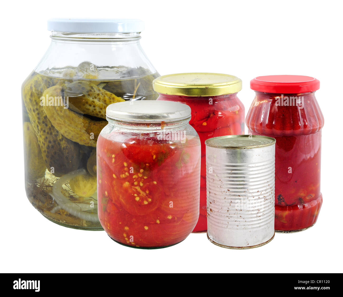 Konservierung von Lebensmitteln. Verschiedene Gläser mit mariniertem Gemüse Stockfoto