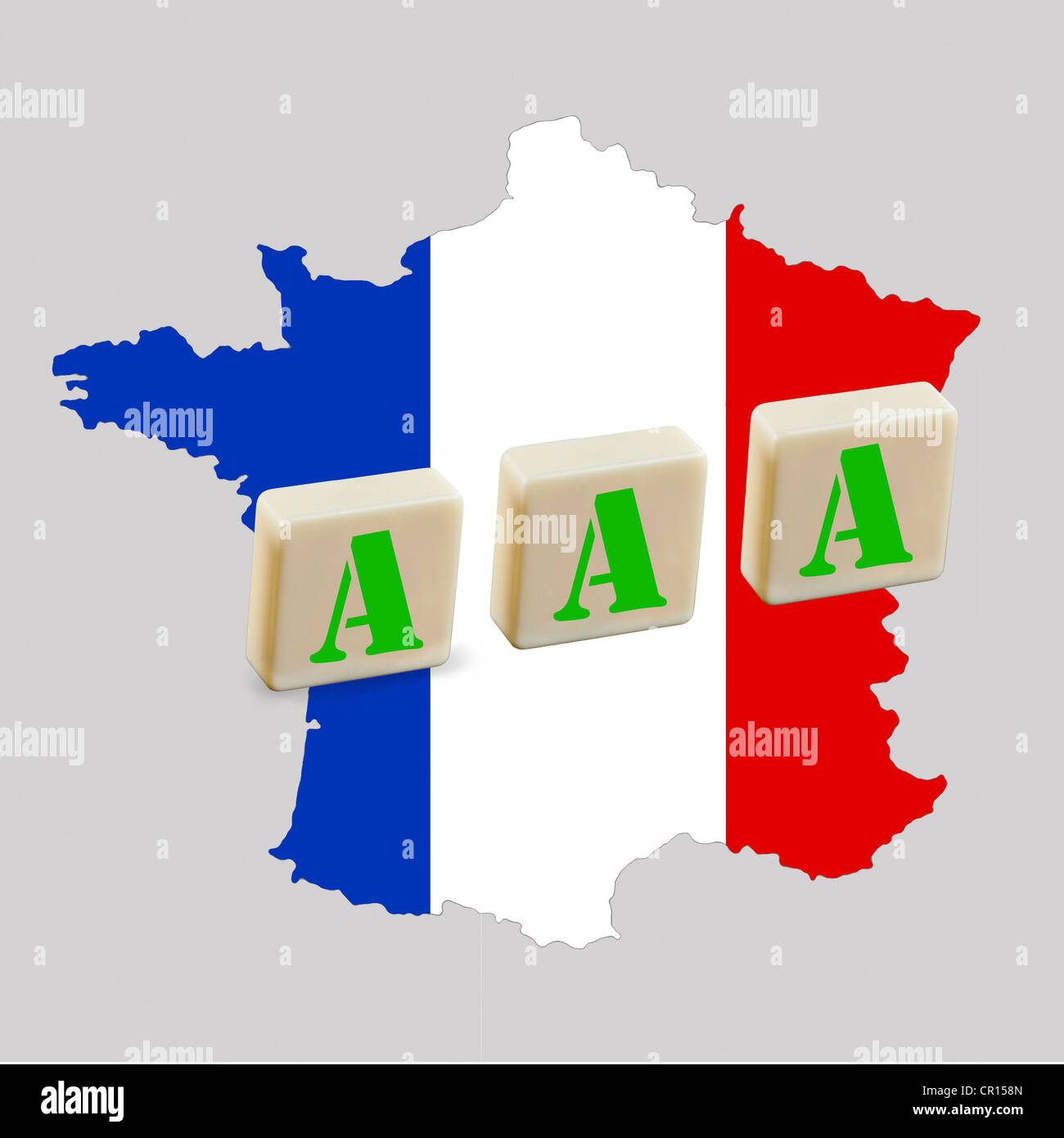 Drei As auf einer Karte von Frankreich, symbolisches Bild für das AAA-Rating durch die Ratingagenturen Stockfoto