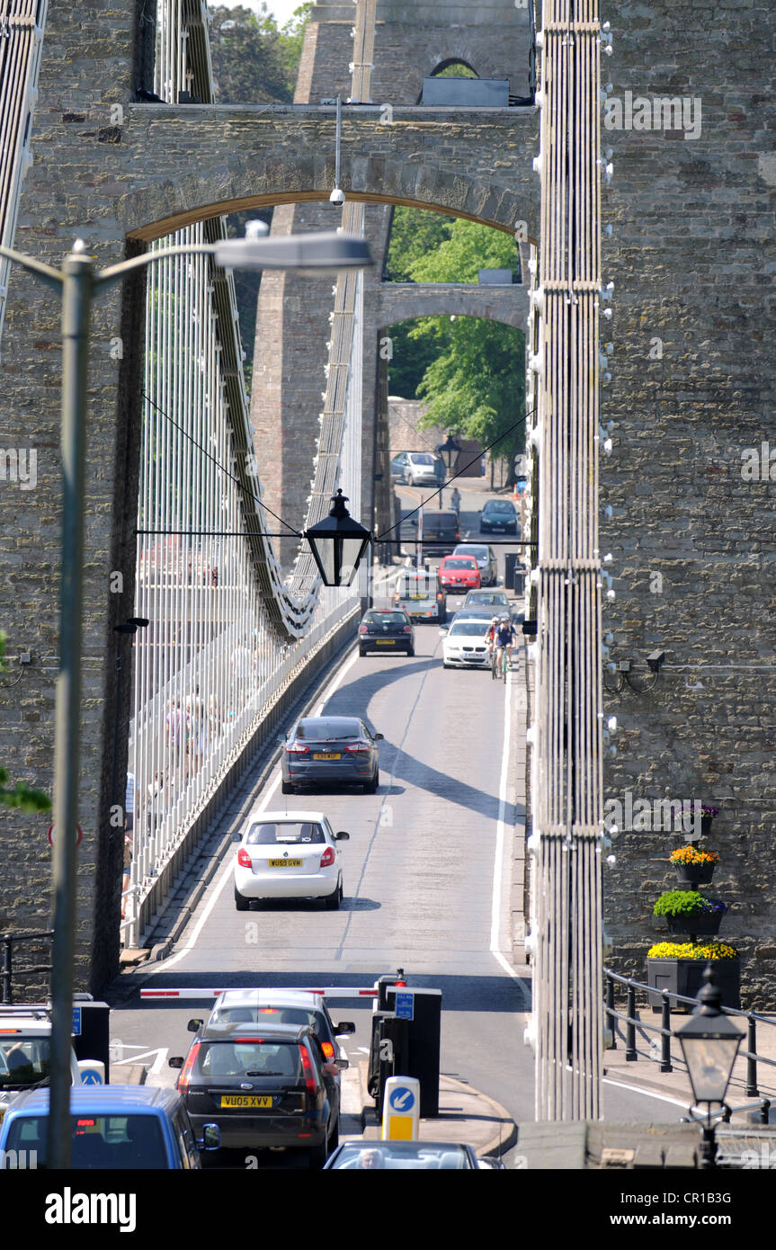 Clifton Suspension Bridge zeigt gebührenfreie Zahlung Barriere, Bristol, Somerset, England, UK Stockfoto