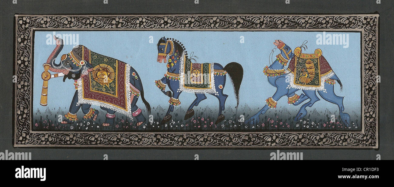Elefanten-Miniatur-Malerei auf Seide aus Indien Stockfoto