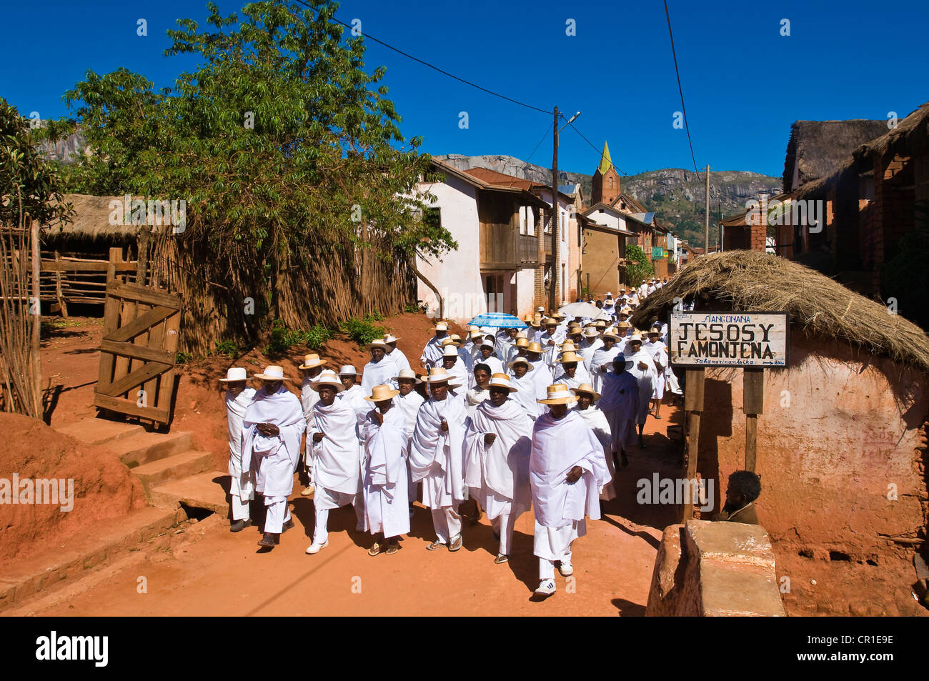 Zentrales Hochland, ehemalige Provinz von Fianarantsoa, Madagaskar, Haute Matsiatra Region, Soatanana Dorf wo der Christ Stockfoto