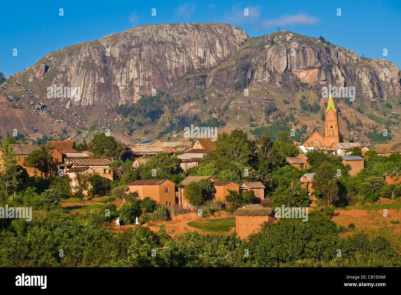 Zentrales Hochland, ehemalige Provinz von Fianarantsoa, Madagaskar, Haute Matsiatra Region, Soatanana Dorf wo der Christ Stockfoto