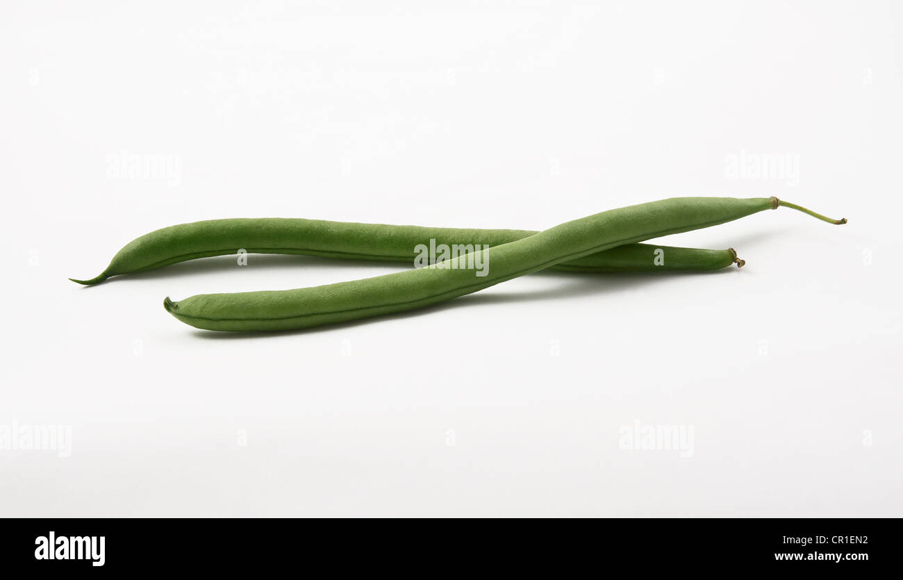 Frische grüne Bohnen auf weißem Hintergrund Stockfoto