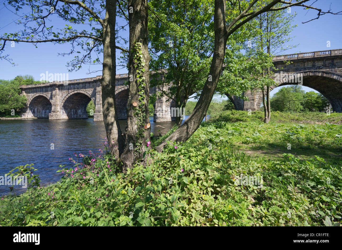 Lancaster Canal Viadukt über den Fluss Lune, entworfen von John Rennie eröffnet 1797 62 Fuß 19 Meter über dem Fluss Stockfoto