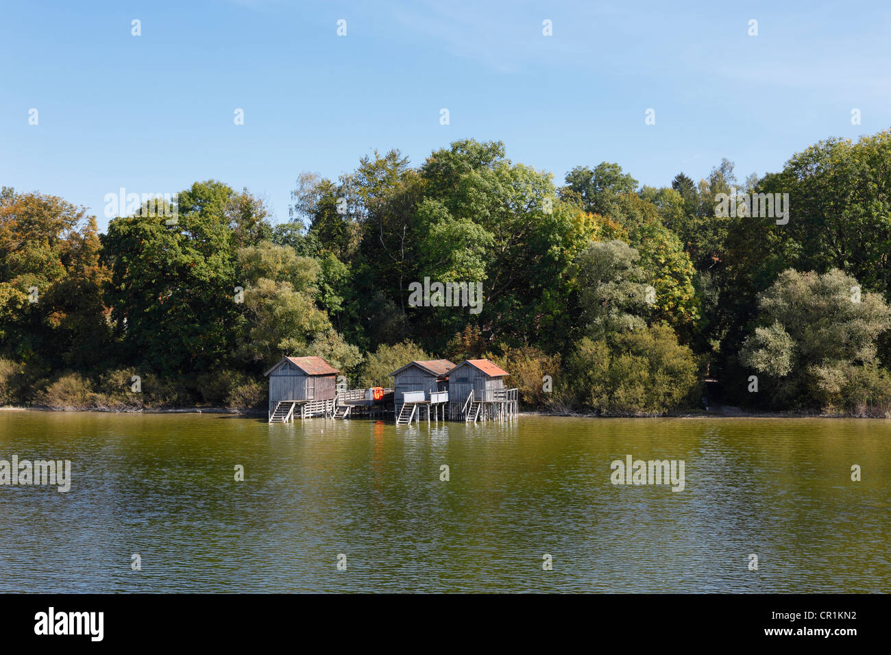 Bootshäuser in Buch am Ammersee See oder Ammersee, fünf-Seen-Region, Upper Bavaria, Bayern, Deutschland, Europa Stockfoto