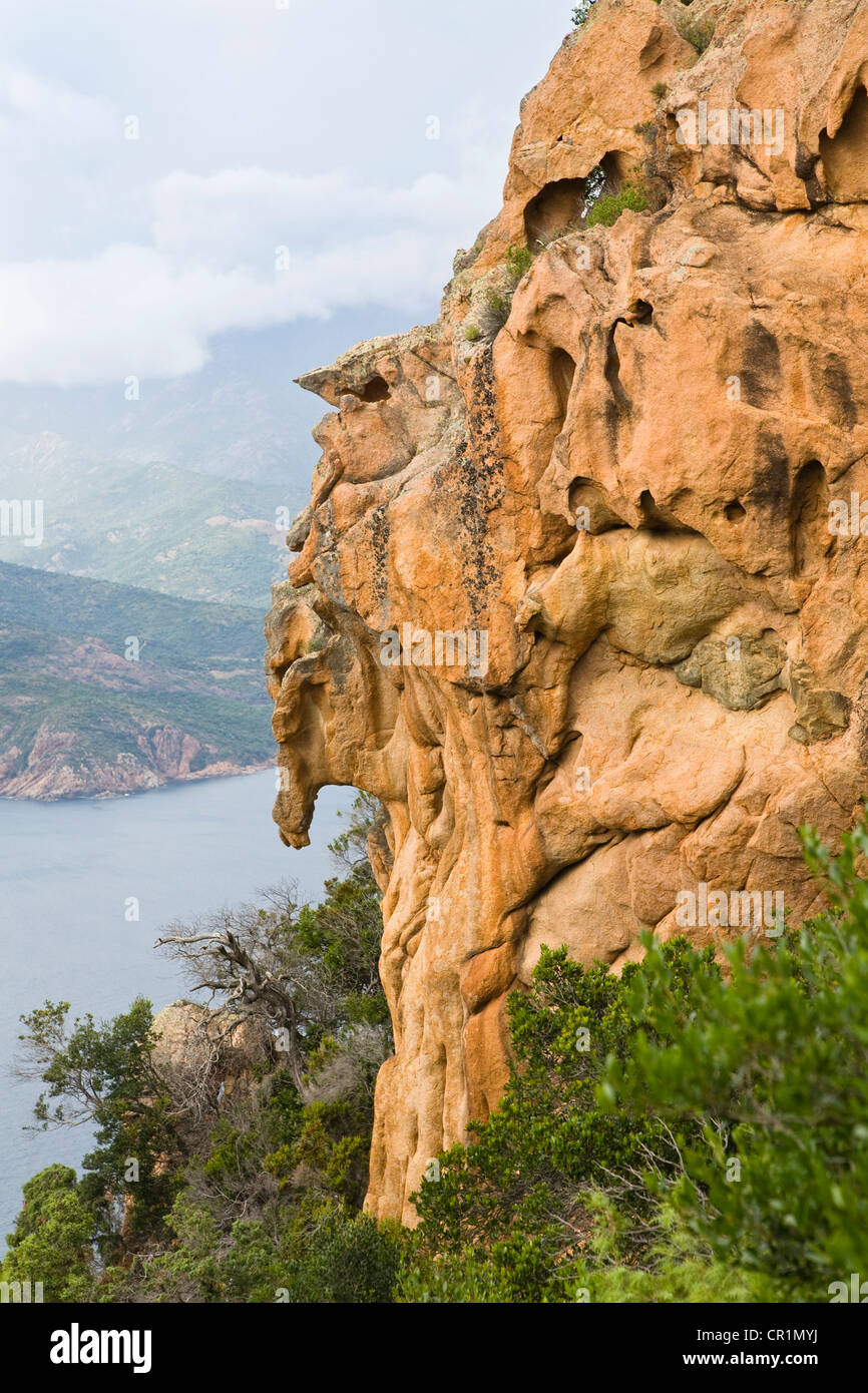 Roten Felsen von Piana an den Golf von Porto, Calanche, Korsika, Frankreich Stockfoto