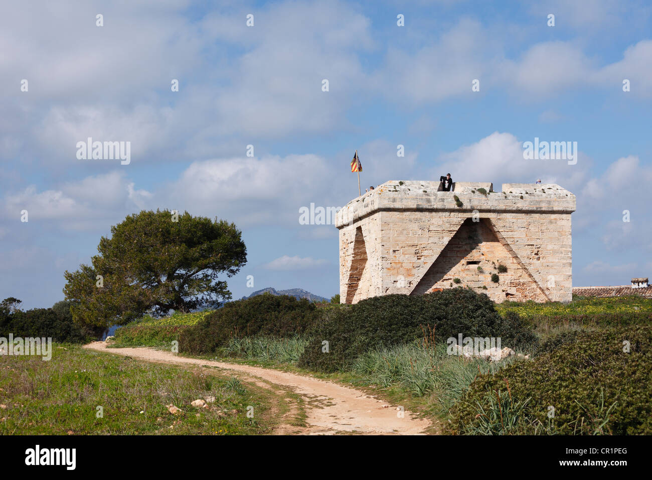 Wachturm aus dem 17. Jahrhundert, Punta de n ' Amer Naturschutzgebiet, Mallorca, Balearen, Spanien, Europa Stockfoto