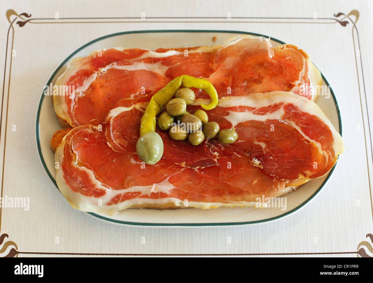 Pa Amb Oli Con Jamon, Brot mit Olivenöl und Schinken, Mallorca, Balearen, Spanien, Europa Stockfoto