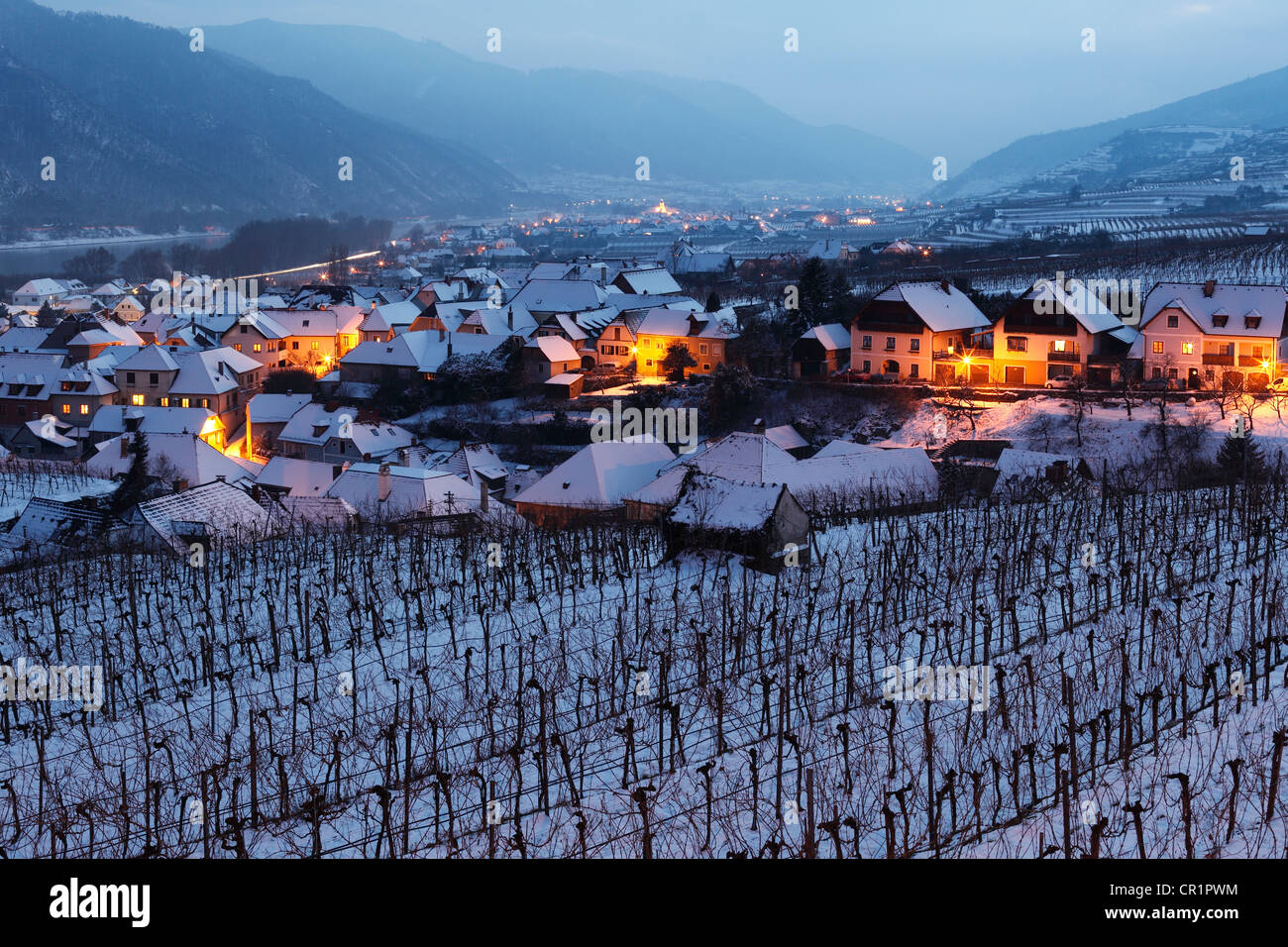 Schneebedeckten Weinberge in der Abenddämmerung, Weissenkirchen in der Wachau, Waldviertel, Wald-Viertel, Niederösterreich, Österreich Stockfoto