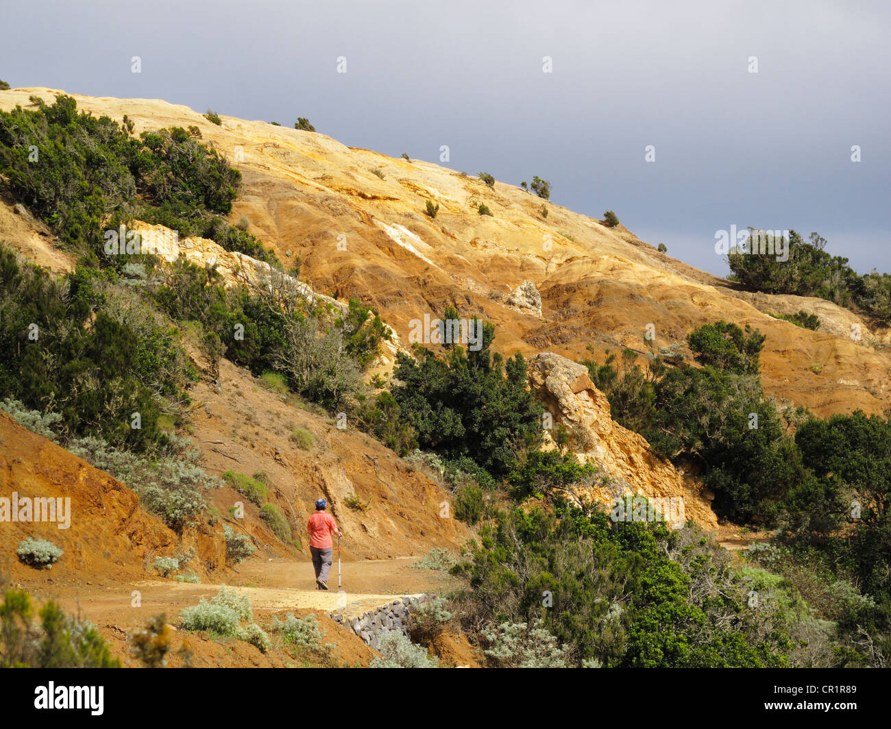 Frau in Landschaft, Wandern, Cumbre de Chijeré in Vallehermoso, La Gomera, Kanarische Inseln, Spanien, Europa Stockfoto