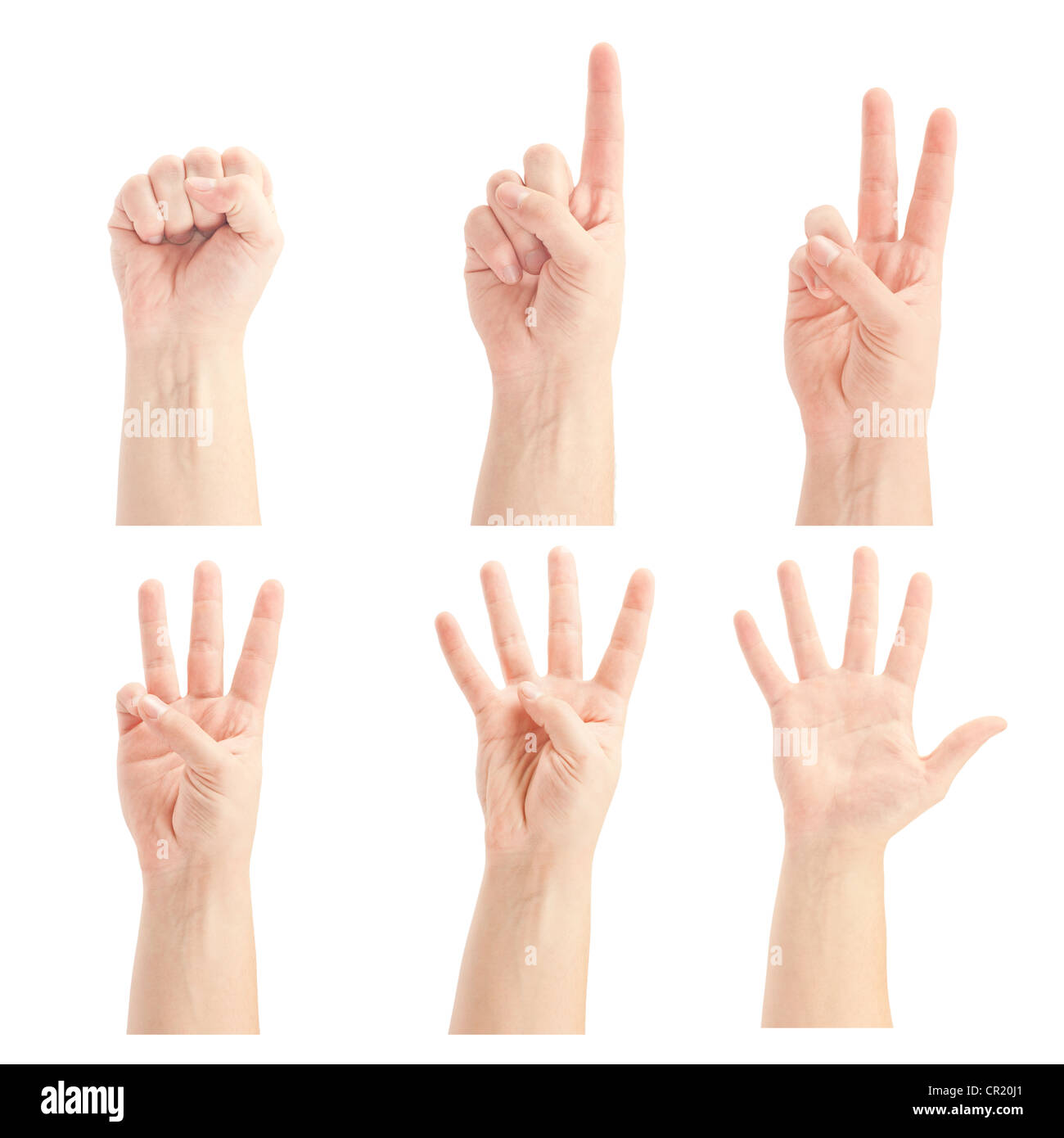 Zählen Mannhände (0 bis 5) isoliert auf weißem Hintergrund Stockfoto