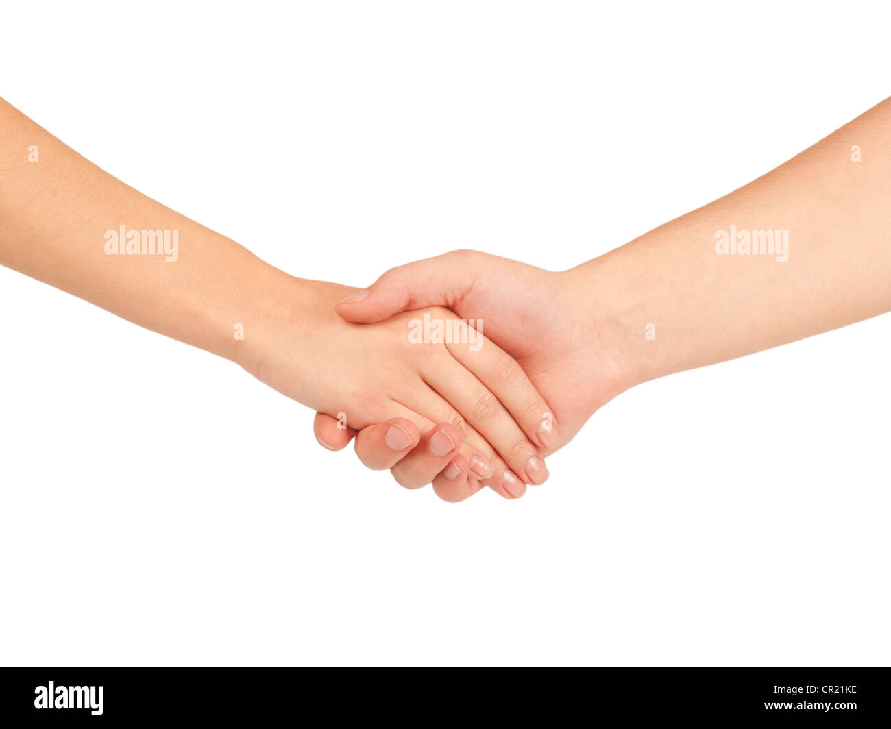 Händeschütteln von zwei Menschen, Mann und Frau, isoliert auf weiss. Stockfoto