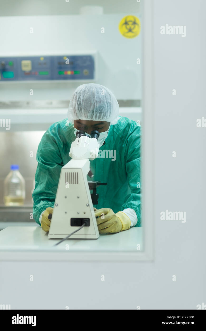 Männliche Forscher im Labor der pharmazeutischen Industrie zu arbeiten und suchen mit Mikroskop Stockfoto