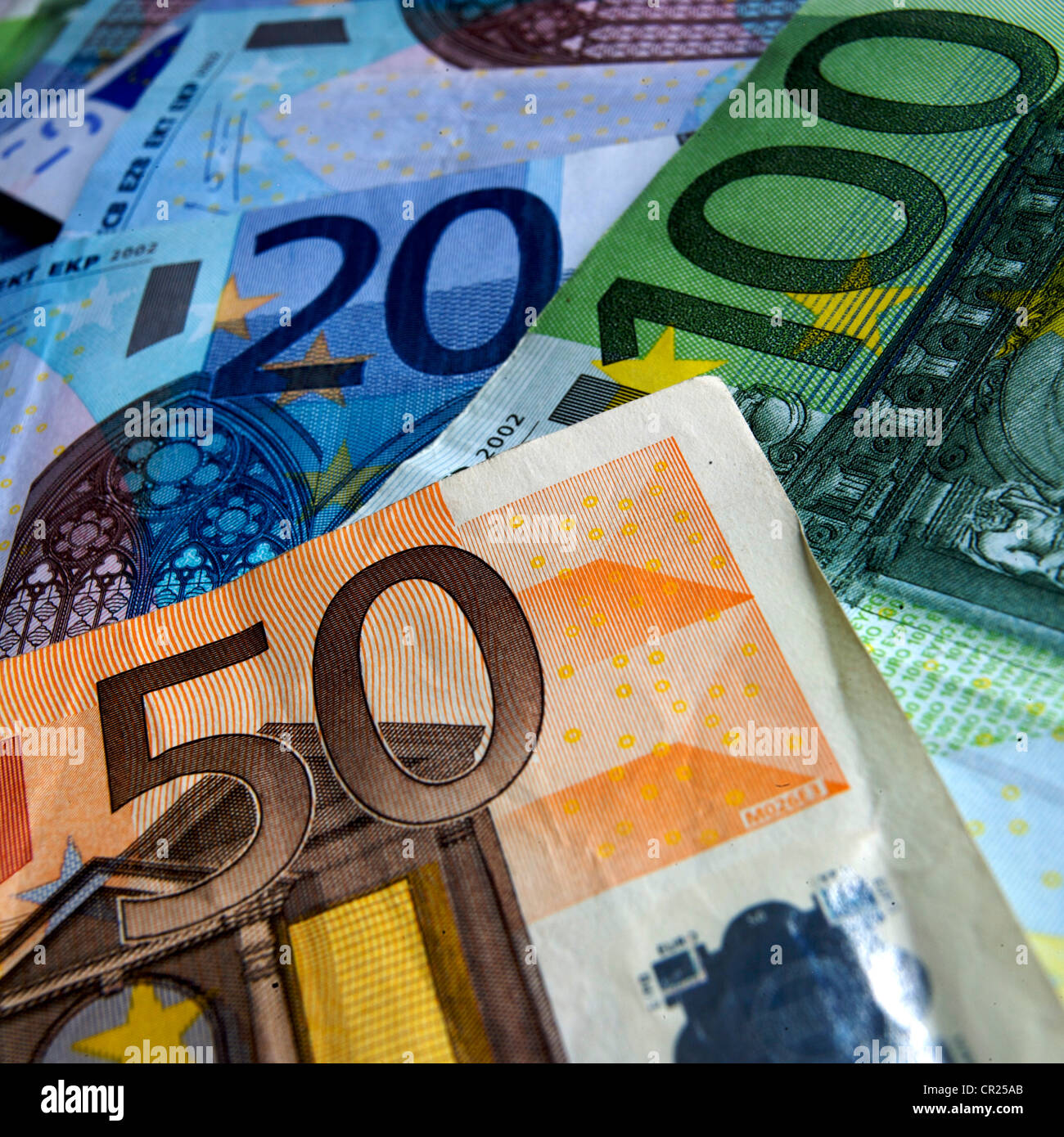 Euro - Nahaufnahme von einem Haufen von verschiedenen Bezeichnung Euro-Banknoten Stockfoto