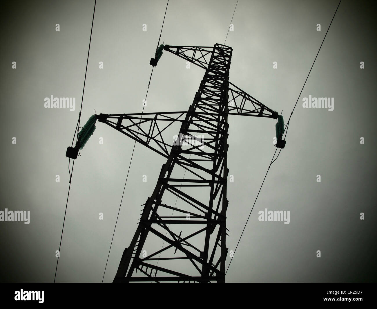 Stromleitungen erstrecken sich in einem industriellen Umfeld zum bewölkten Himmel Stockfoto