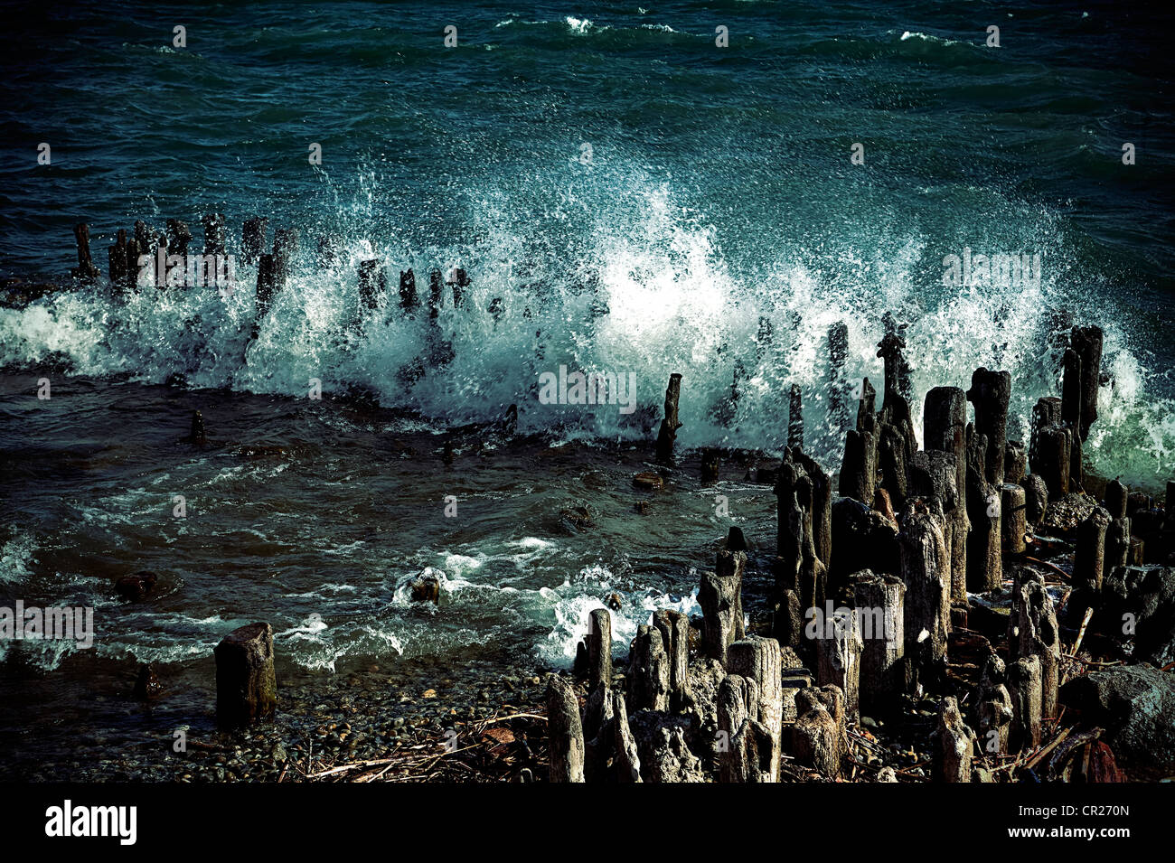 Wellen brechen über hölzerne Pfähle Stockfoto