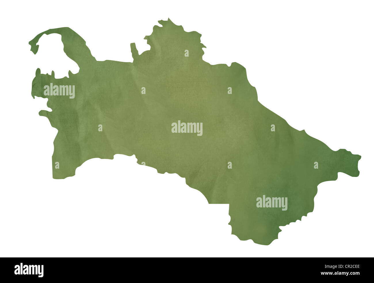 Alte grüne Karte von Turkmenistan in strukturierten Grünbuch, isoliert auf weißem Hintergrund. Stockfoto