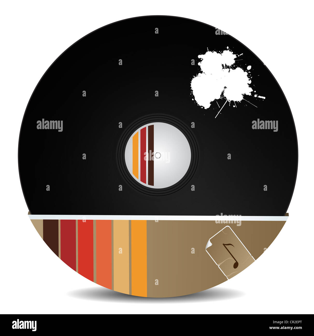 Stilvolle Vinyl-Schallplatte in einen Karton mit weißer Farbe fällt. Isolierte Objekte auf weißem Hintergrund. Stockfoto