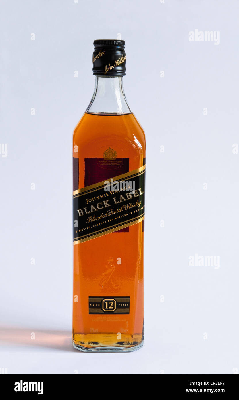 Johnnie Walker Black Label Whisky Flasche. Stockfoto