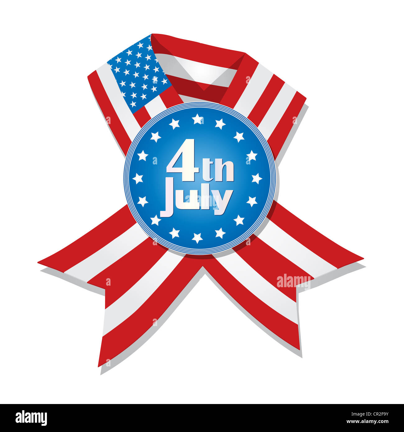 4. Juli-Abzeichen und Band mit Flagge der Vereinigten Staaten von Amerika gegen weiß Stockfoto