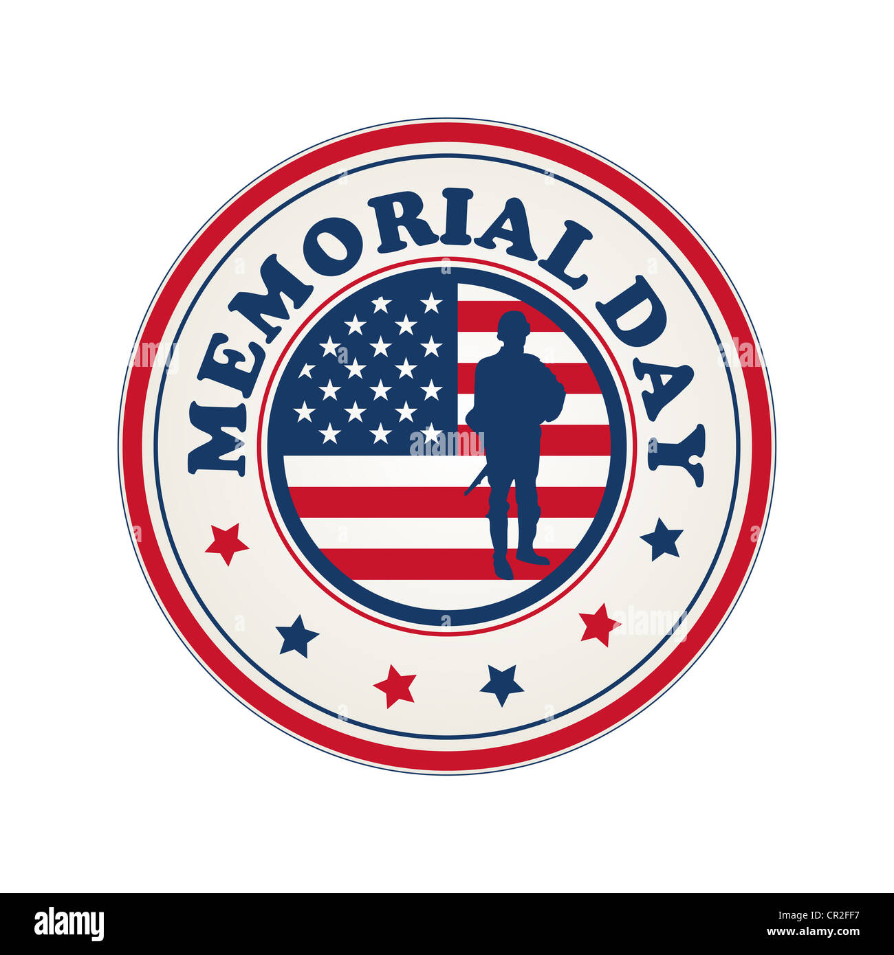 Memorial Day Stempel mit Flagge der USA und Soldat Silhouette auf weißem Hintergrund Stockfoto