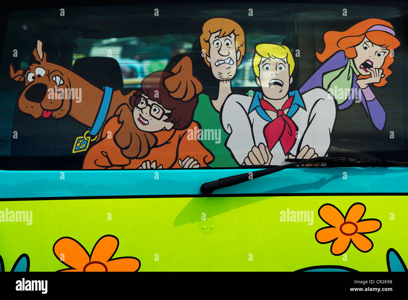 Scooby Doo Mystery Machine VW Volkswagen van. Hintere Fensteraufkleber Stockfoto