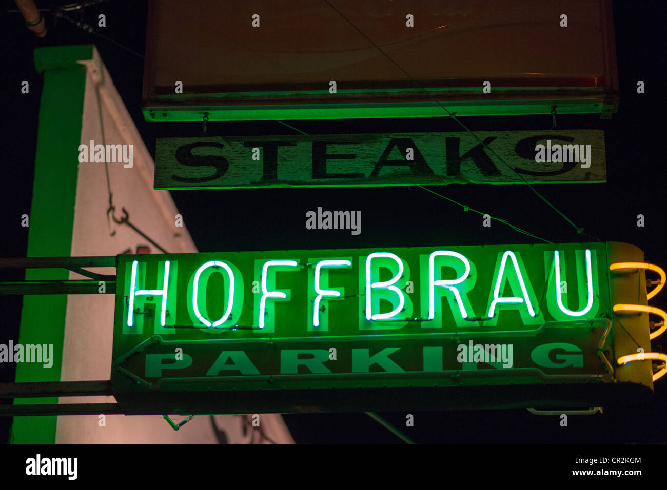 Das Hoffbrau Steak Restaurant Leuchtreklame in Austin, Texas Stockfoto