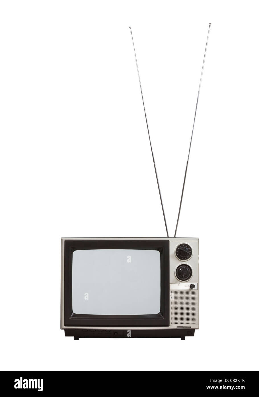 Leerer Bildschirm tragbaren Vintage Fernsehen mit langen Antennen auf. Isoliert auf weiss. Stockfoto