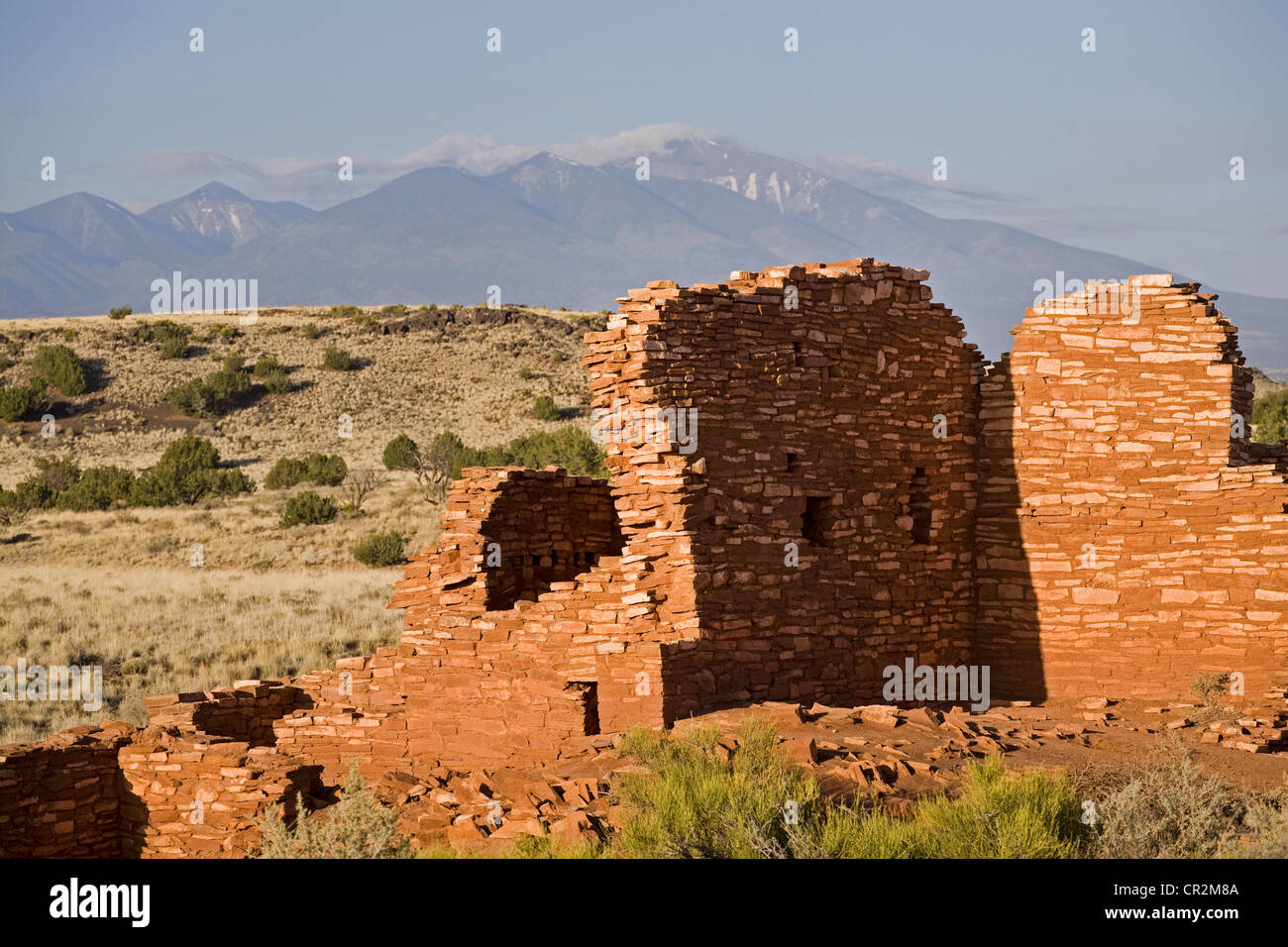 Die Sandsteinmauern der Lomaki-Ruinen im Wupatki National Park, Arizona. San Francisco Peaks sind im Hintergrund. Stockfoto