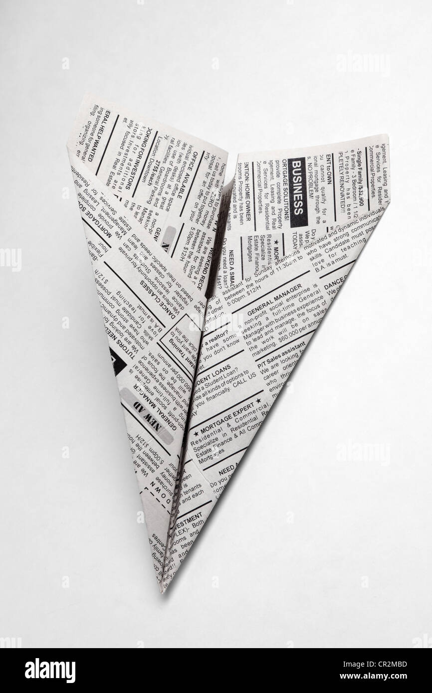 Gefälschte Zeitung Flugzeug, Kleinanzeige, Business-Konzept. Stockfoto