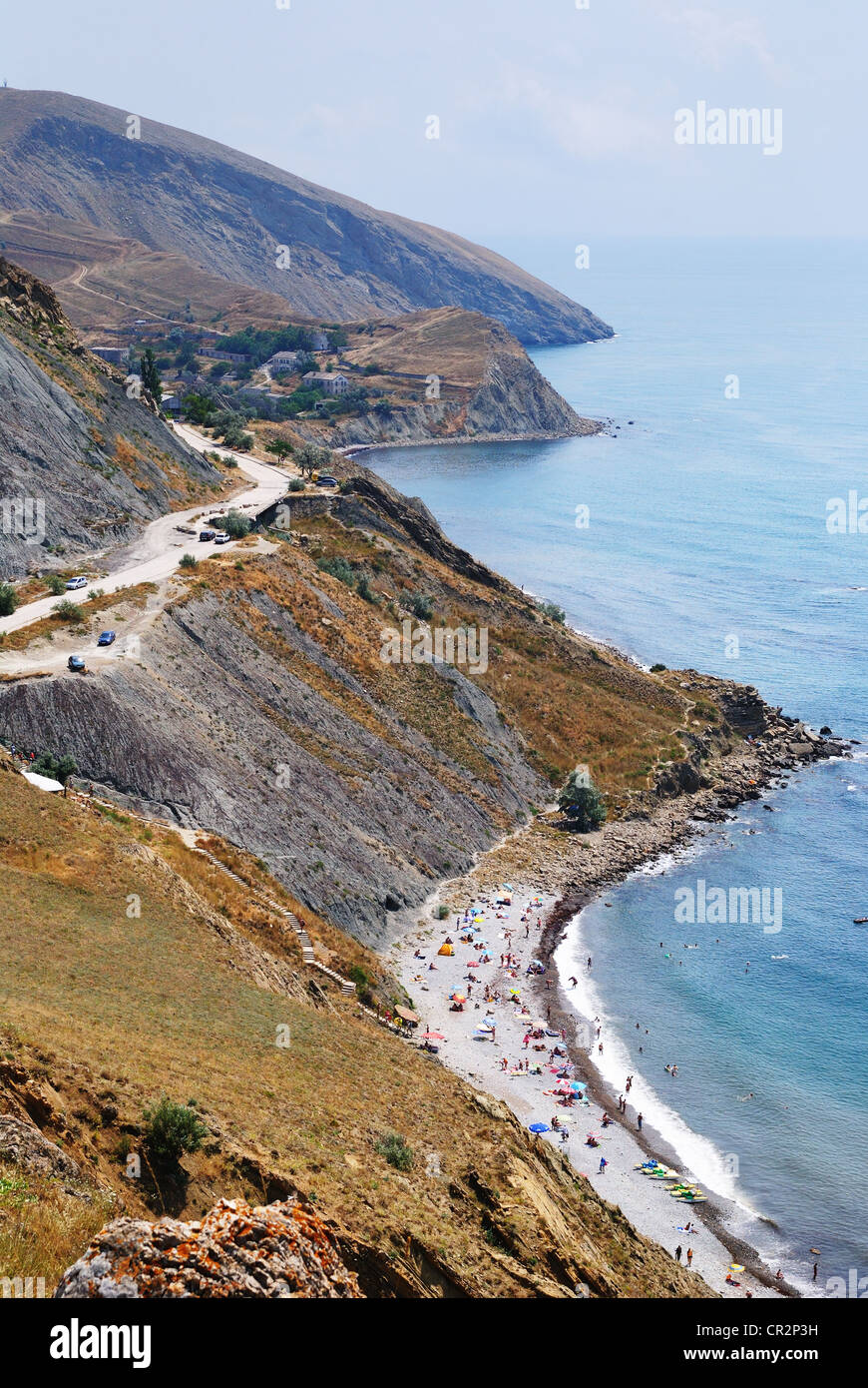 Vogelperspektive anzeigen einer Küste Ordschonikidse (Siedlung von Feodossija), Krim, Ukraine Stockfoto